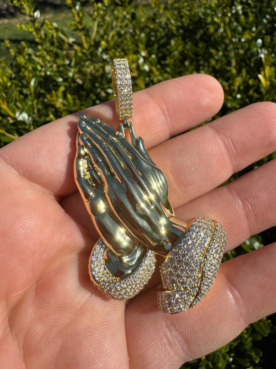 MOISSANITE Praying Folded Hands Religious Pendant - 14k Gold Vermeil 925 Silver - 3 Sizes 1.25"-2.75"