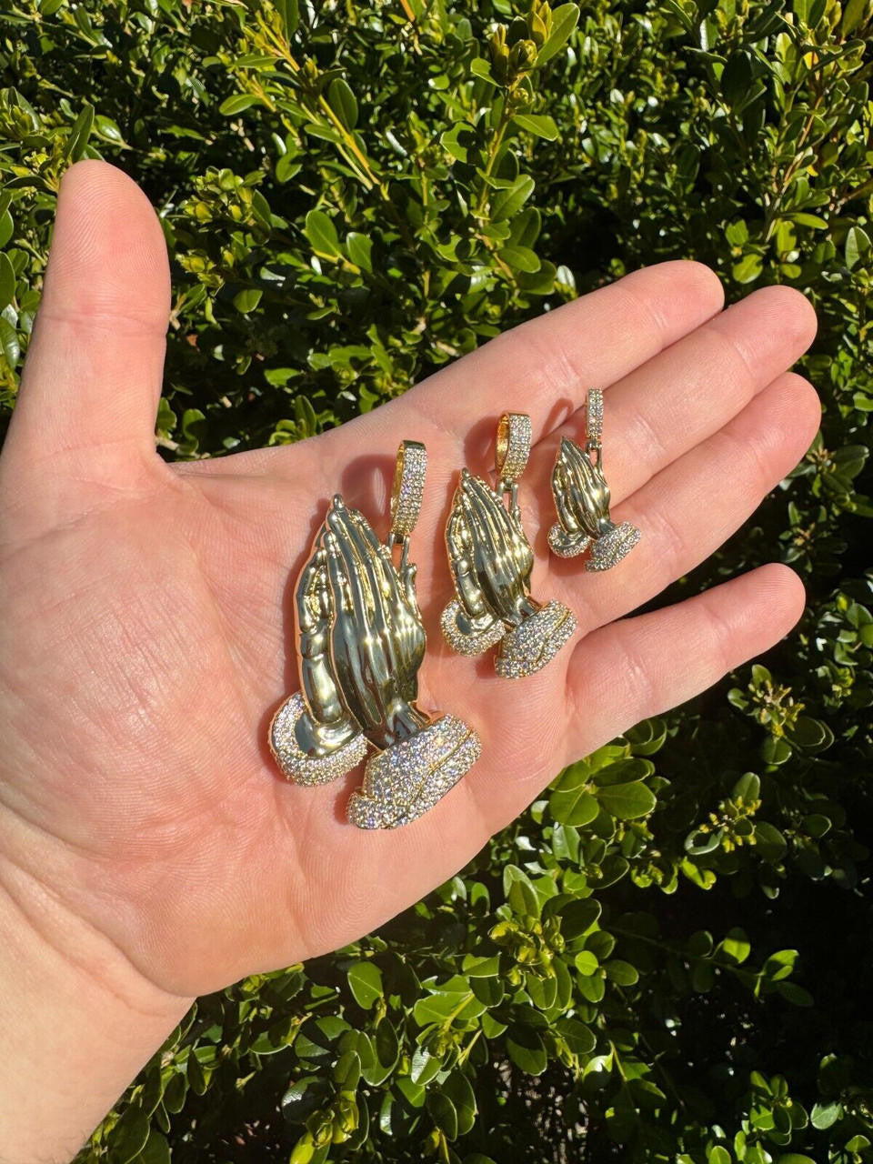 MOISSANITE Praying Folded Hands Religious Pendant - 14k Gold Vermeil 925 Silver - 3 Sizes 1.25"-2.75"