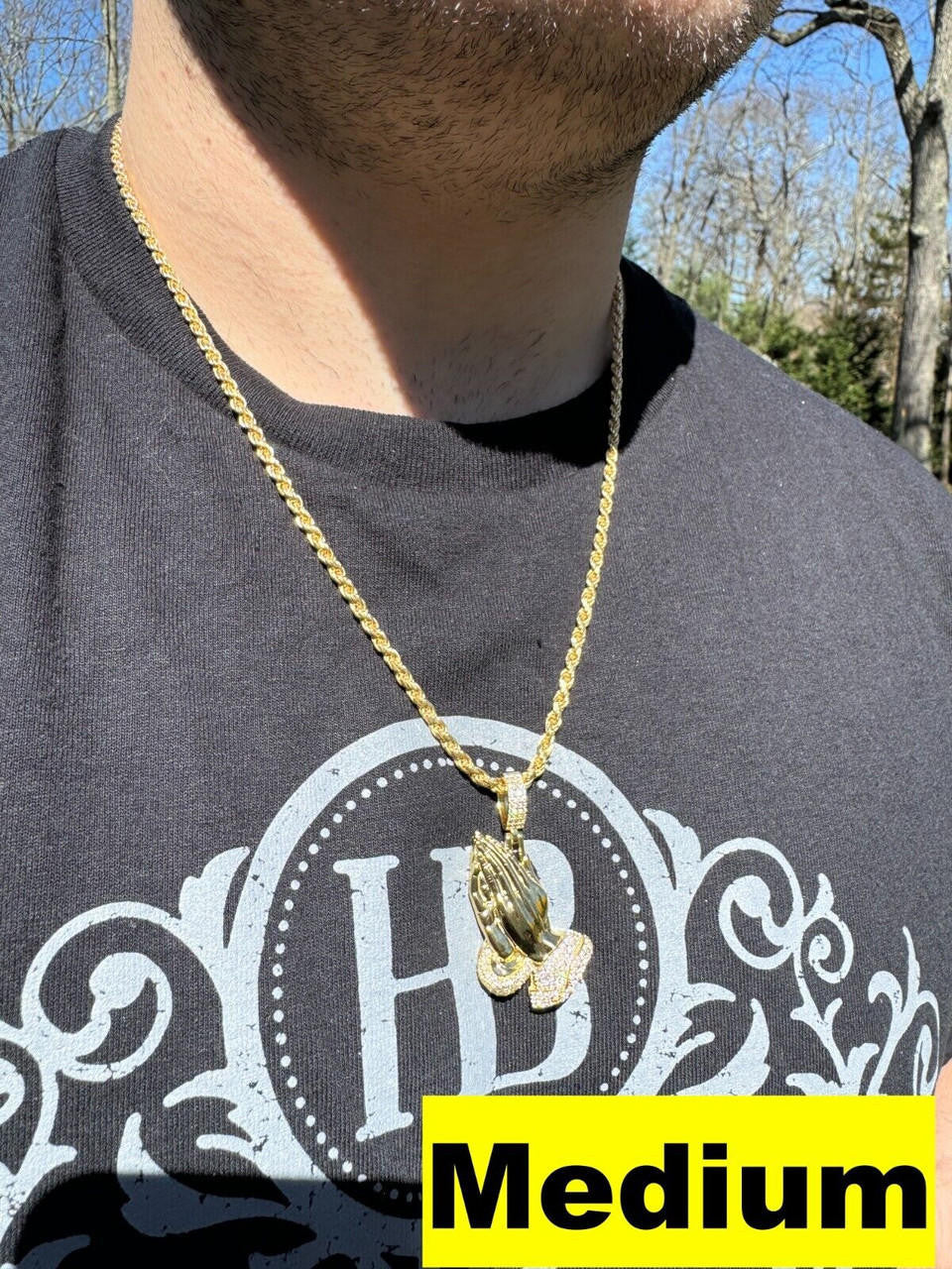 MOISSANITE Praying Folded Hands Religious Pendant - 14k Gold Vermeil 925 Silver - 3 Sizes 1.25"-2.75"