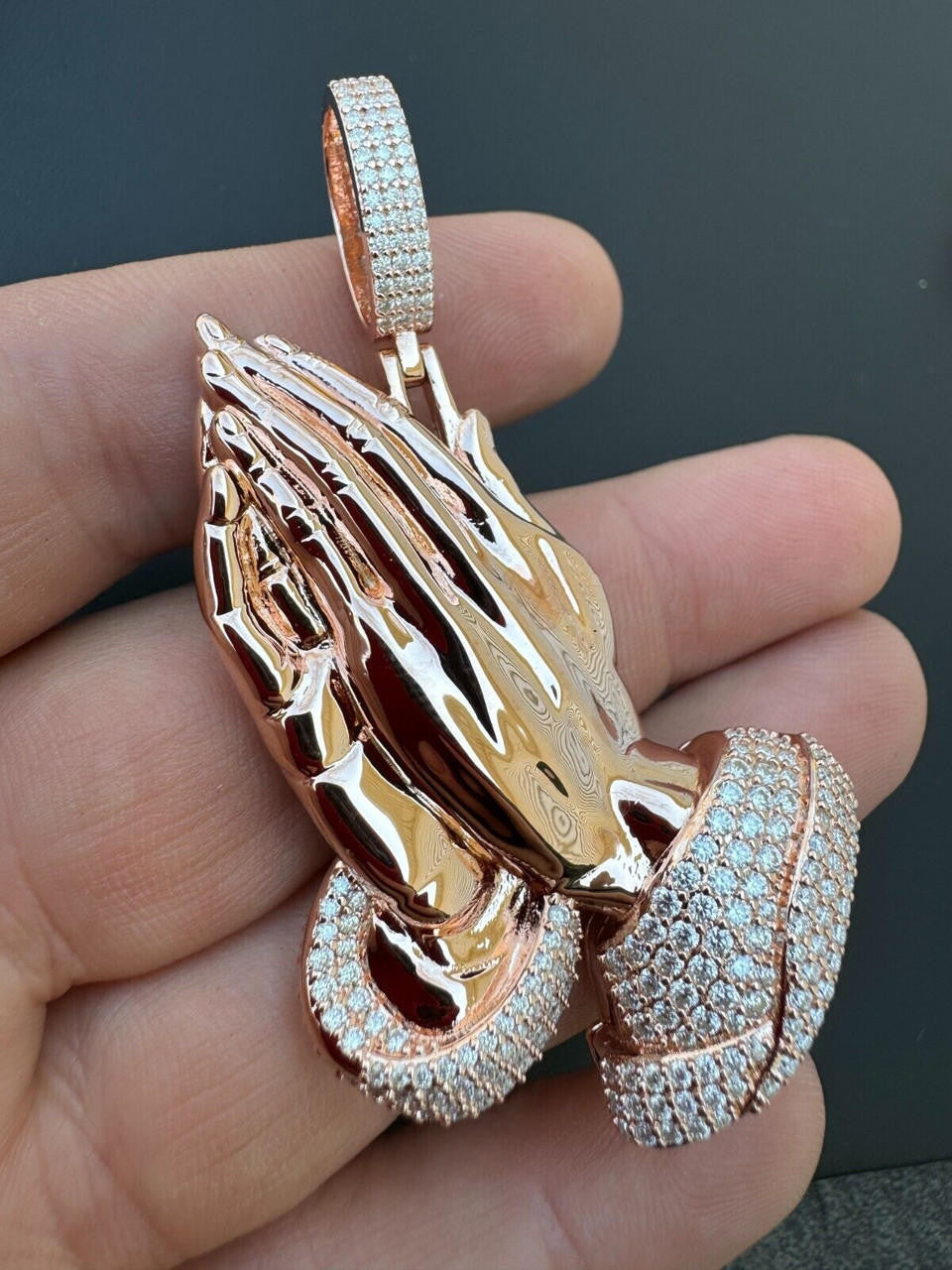 MOISSANITE Praying Folded Hands Religious Pendant - 14k Rose Gold Vermeil 925 Silver - 3 Sizes 1.25"-2.75"