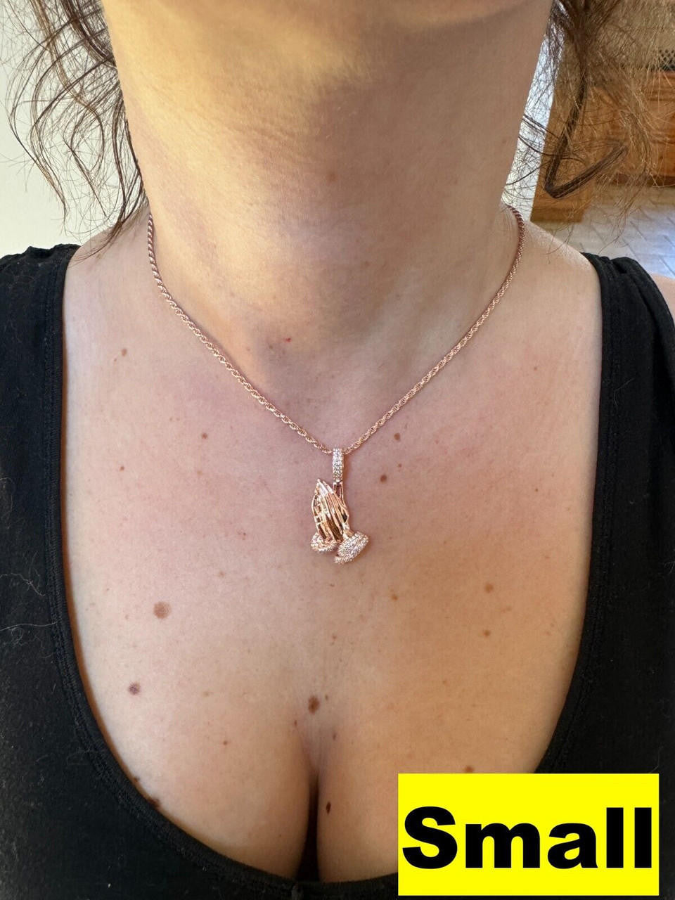 MOISSANITE Praying Folded Hands Religious Pendant - 14k Rose Gold Vermeil 925 Silver - 3 Sizes 1.25"-2.75"