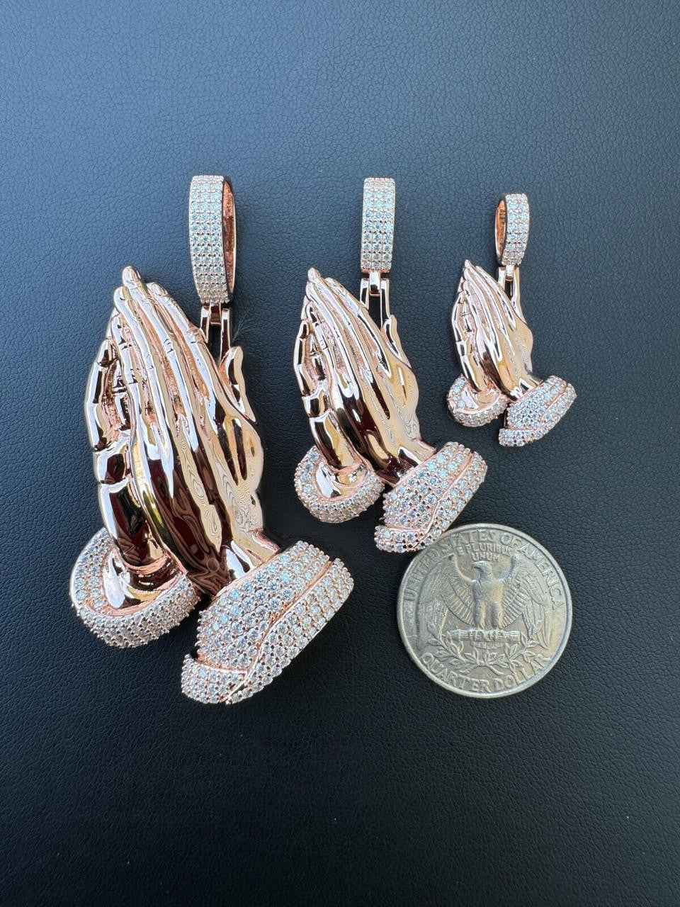 MOISSANITE Praying Folded Hands Religious Pendant - 14k Rose Gold Vermeil 925 Silver - 3 Sizes 1.25"-2.75"