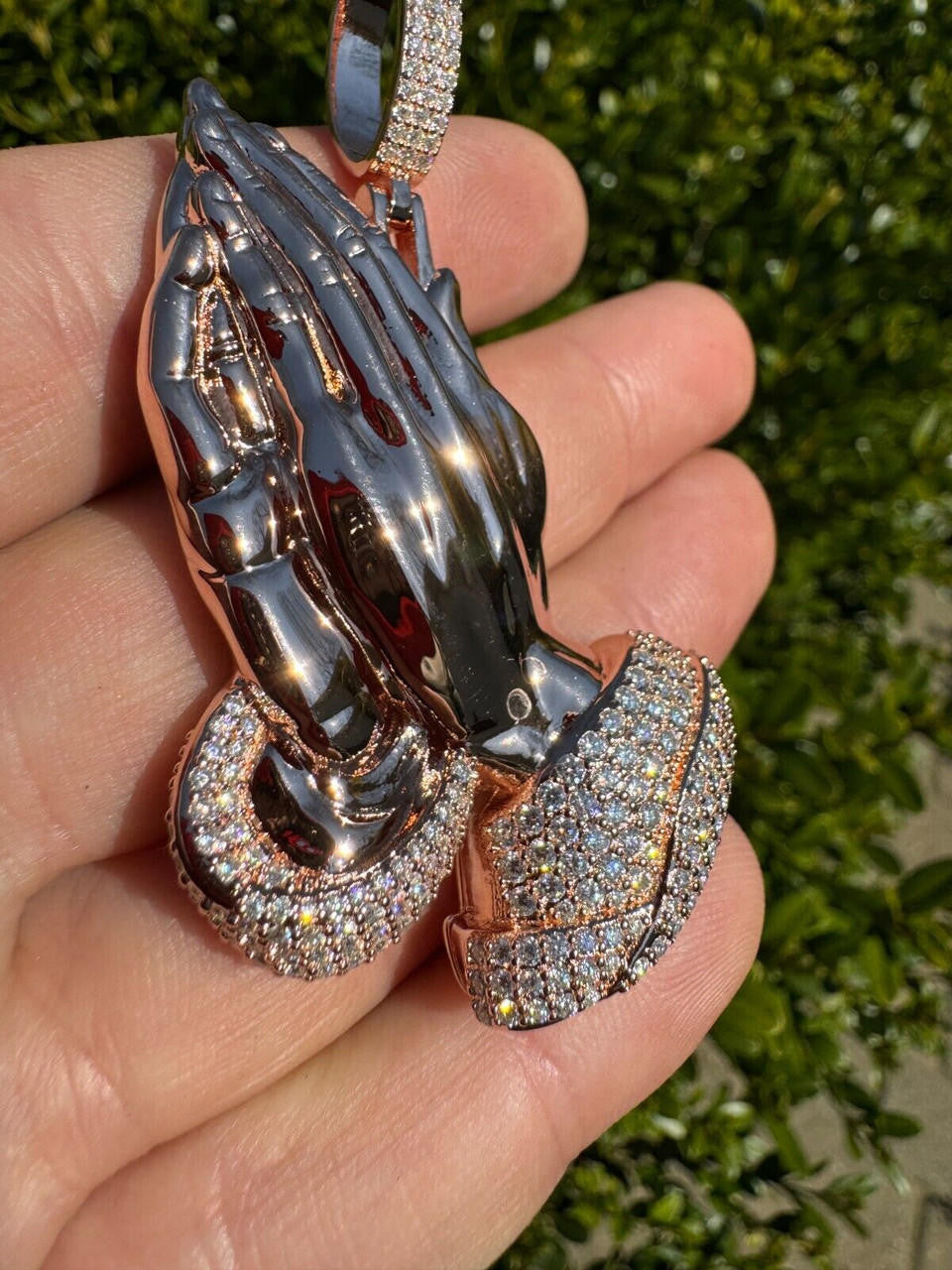 MOISSANITE Praying Folded Hands Religious Pendant - 14k Rose Gold Vermeil 925 Silver - 3 Sizes 1.25"-2.75"