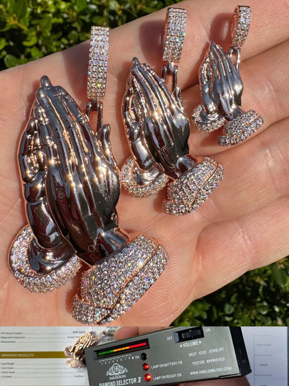 MOISSANITE Praying Folded Hands Religious Pendant - 14k Rose Gold Vermeil 925 Silver - 3 Sizes 1.25"-2.75"