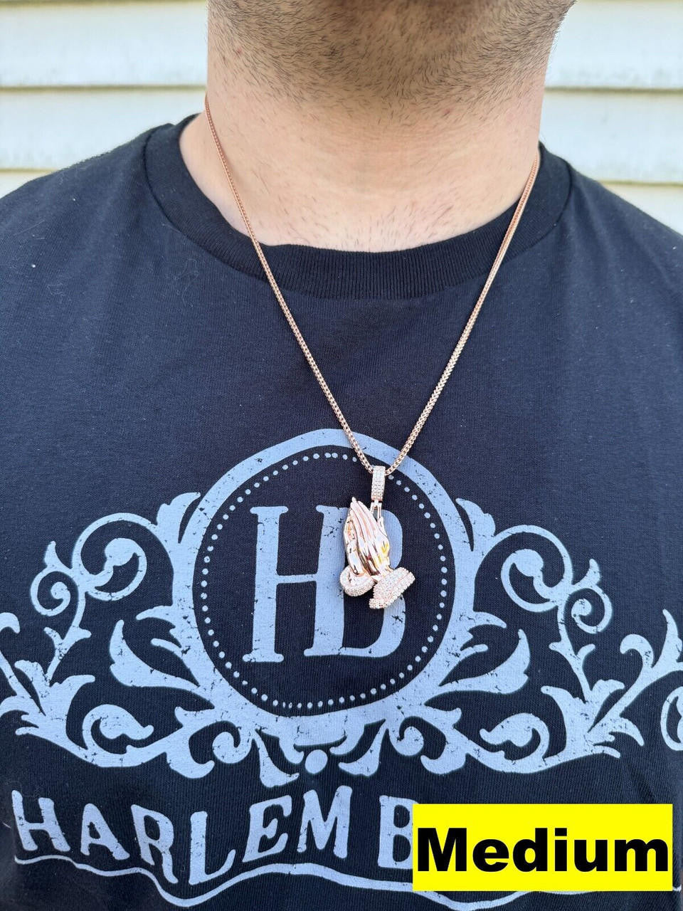 MOISSANITE Praying Folded Hands Religious Pendant - 14k Rose Gold Vermeil 925 Silver - 3 Sizes 1.25"-2.75"