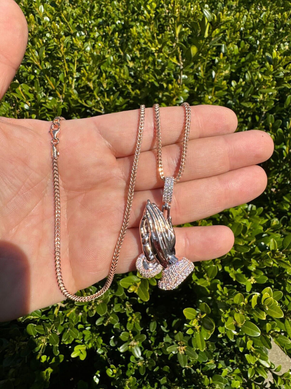 MOISSANITE Praying Folded Hands Religious Pendant - 14k Rose Gold Vermeil 925 Silver - 3 Sizes 1.25"-2.75"