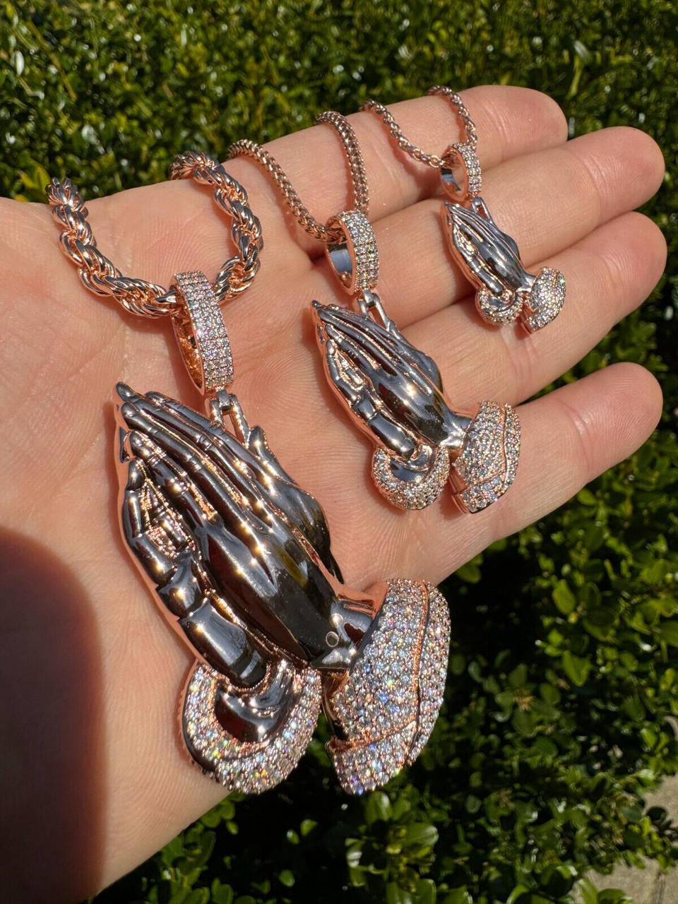 MOISSANITE Praying Folded Hands Religious Pendant - 14k Rose Gold Vermeil 925 Silver - 3 Sizes 1.25"-2.75"