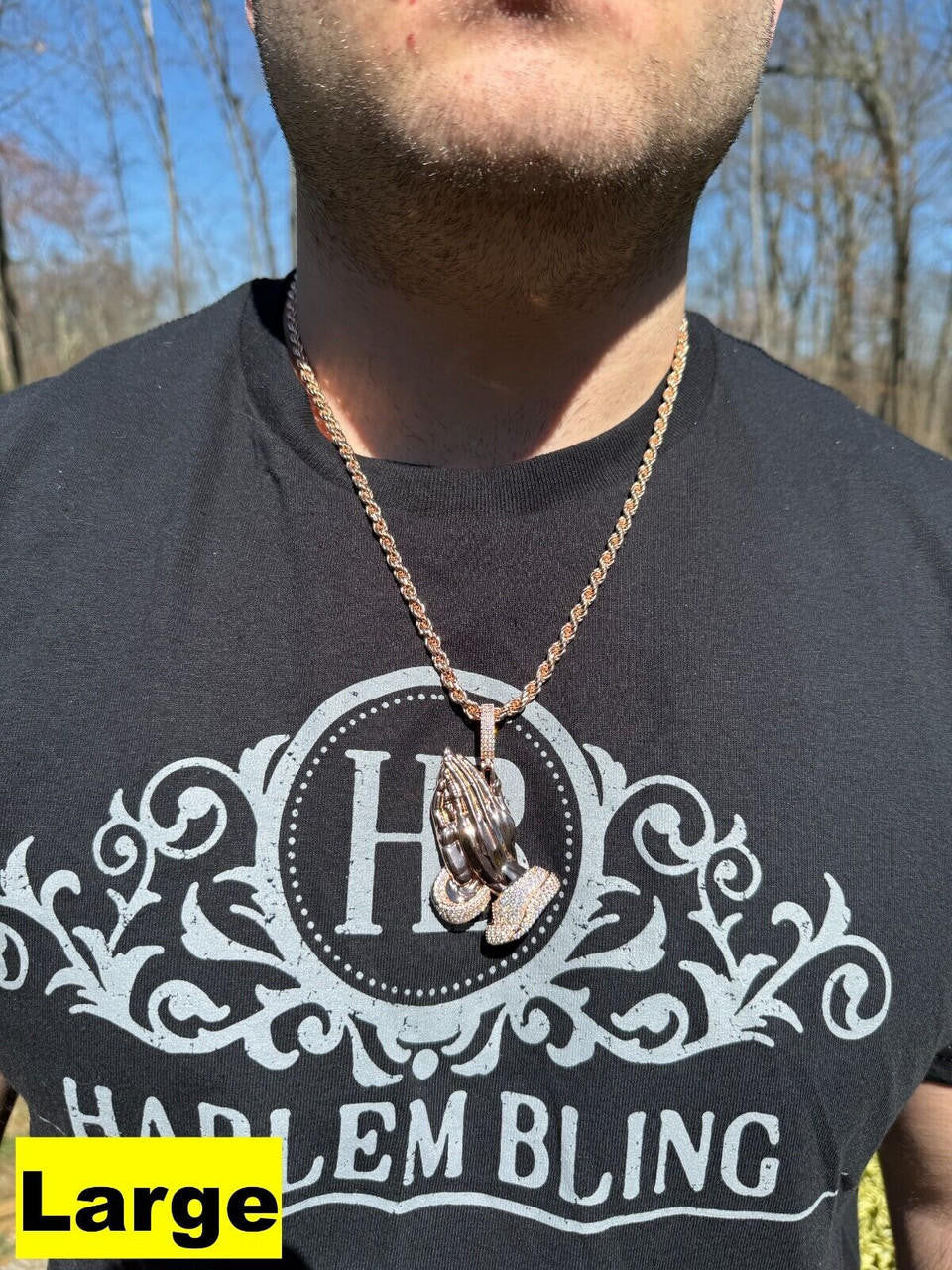 MOISSANITE Praying Folded Hands Religious Pendant - 14k Rose Gold Vermeil 925 Silver - 3 Sizes 1.25"-2.75"