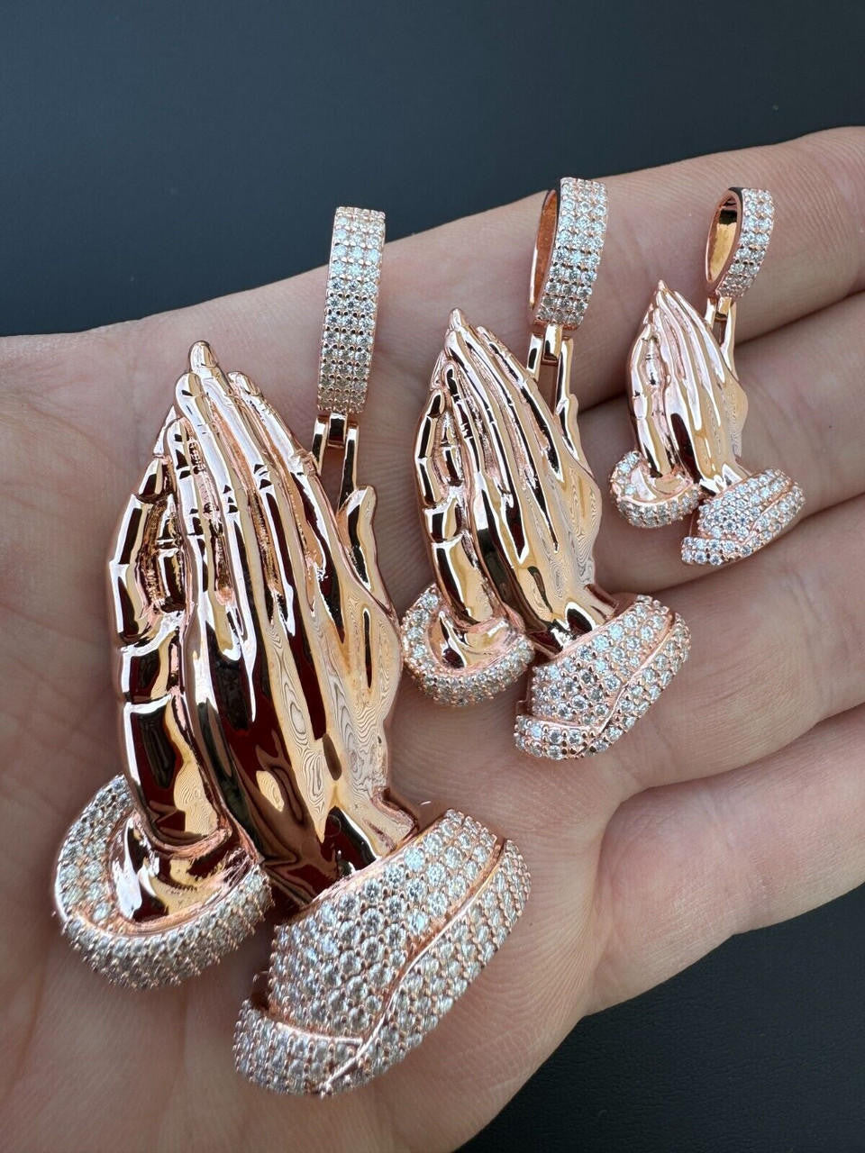 MOISSANITE Praying Folded Hands Religious Pendant - 14k Rose Gold Vermeil 925 Silver - 3 Sizes 1.25"-2.75"