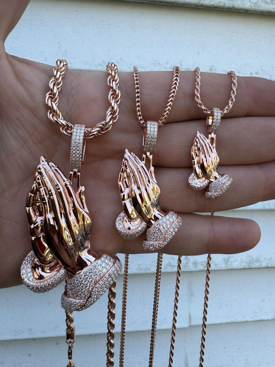 MOISSANITE Praying Folded Hands Religious Pendant - 14k Rose Gold Vermeil 925 Silver - 3 Sizes 1.25"-2.75"
