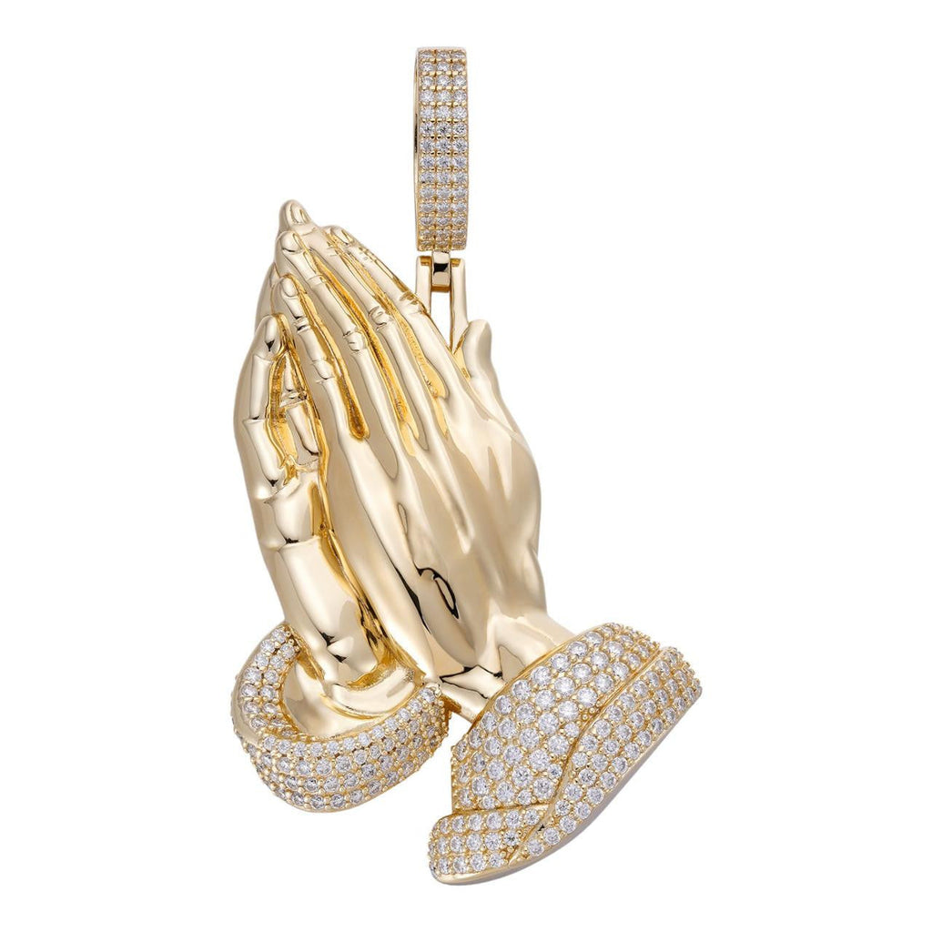 MOISSANITE Praying Folded Hands Religious Pendant - 14k Gold Vermeil 925 Silver - 3 Sizes 1.25"-2.75"