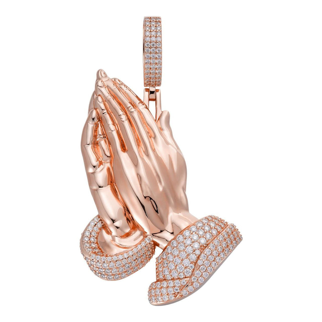 MOISSANITE Praying Folded Hands Religious Pendant - 14k Rose Gold Vermeil 925 Silver - 3 Sizes 1.25"-2.75"