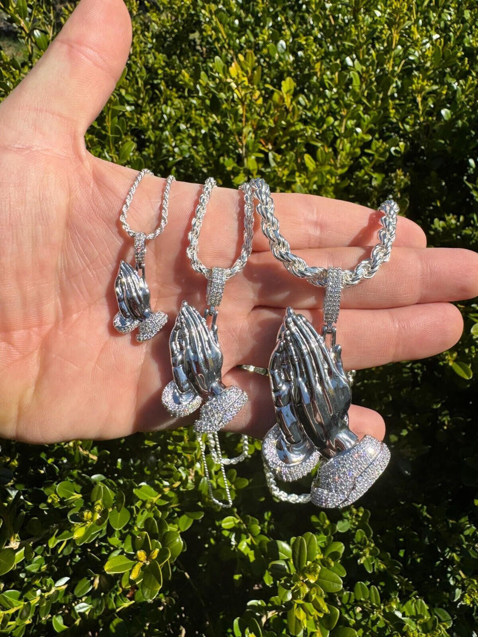 MOISSANITE Praying Folded Hands Religious Pendant - 925 Silver - 3 Sizes 1.25"-2.75"