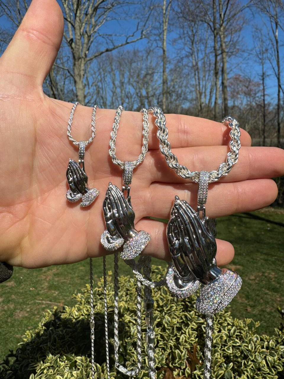 MOISSANITE Praying Folded Hands Religious Pendant - 925 Silver - 3 Sizes 1.25"-2.75"