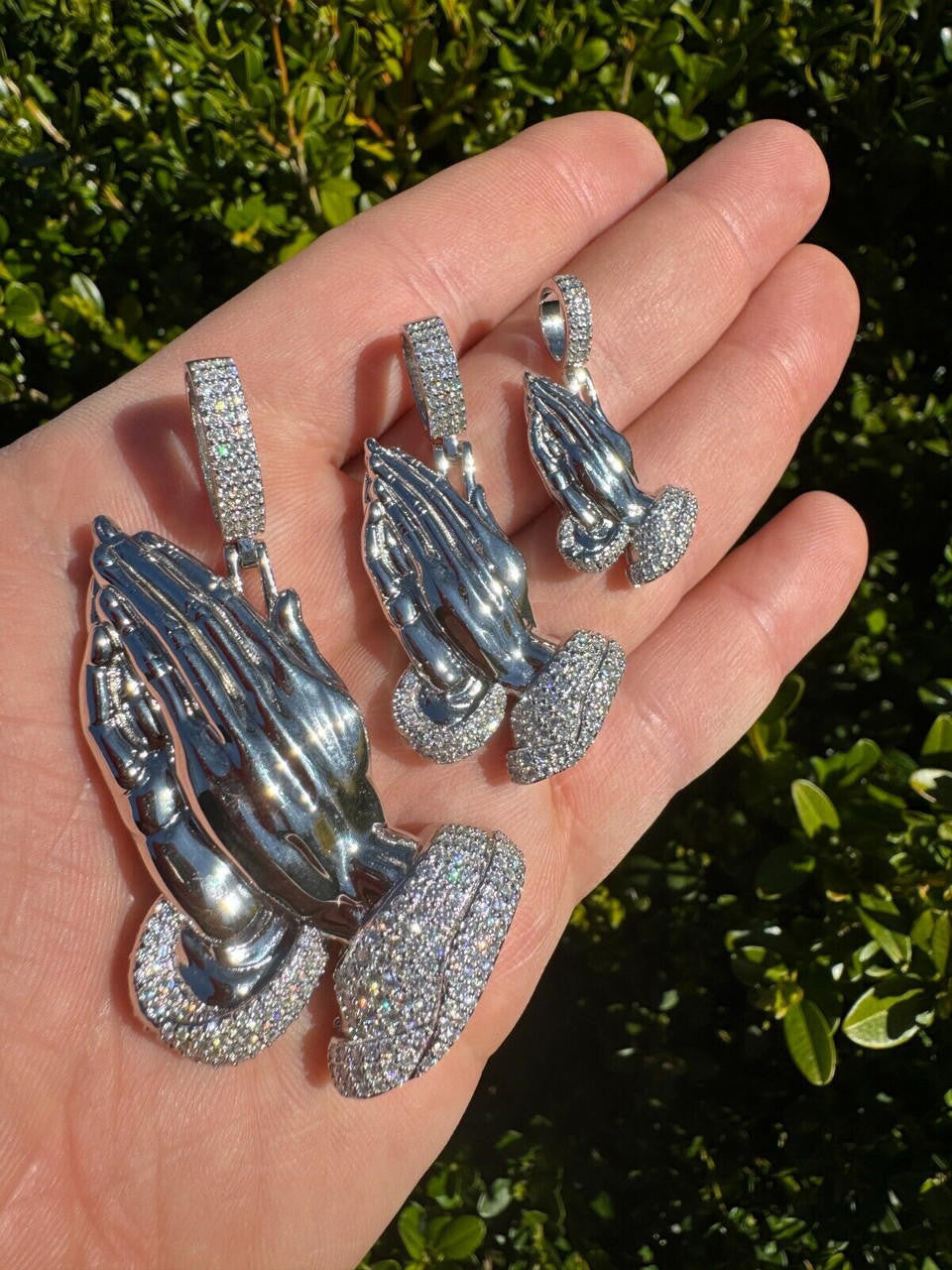 MOISSANITE Praying Folded Hands Religious Pendant - 925 Silver - 3 Sizes 1.25"-2.75"
