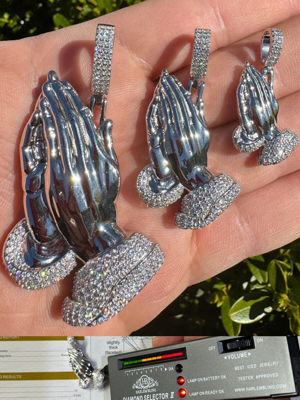 MOISSANITE Praying Folded Hands Religious Pendant - 925 Silver - 3 Sizes 1.25"-2.75"
