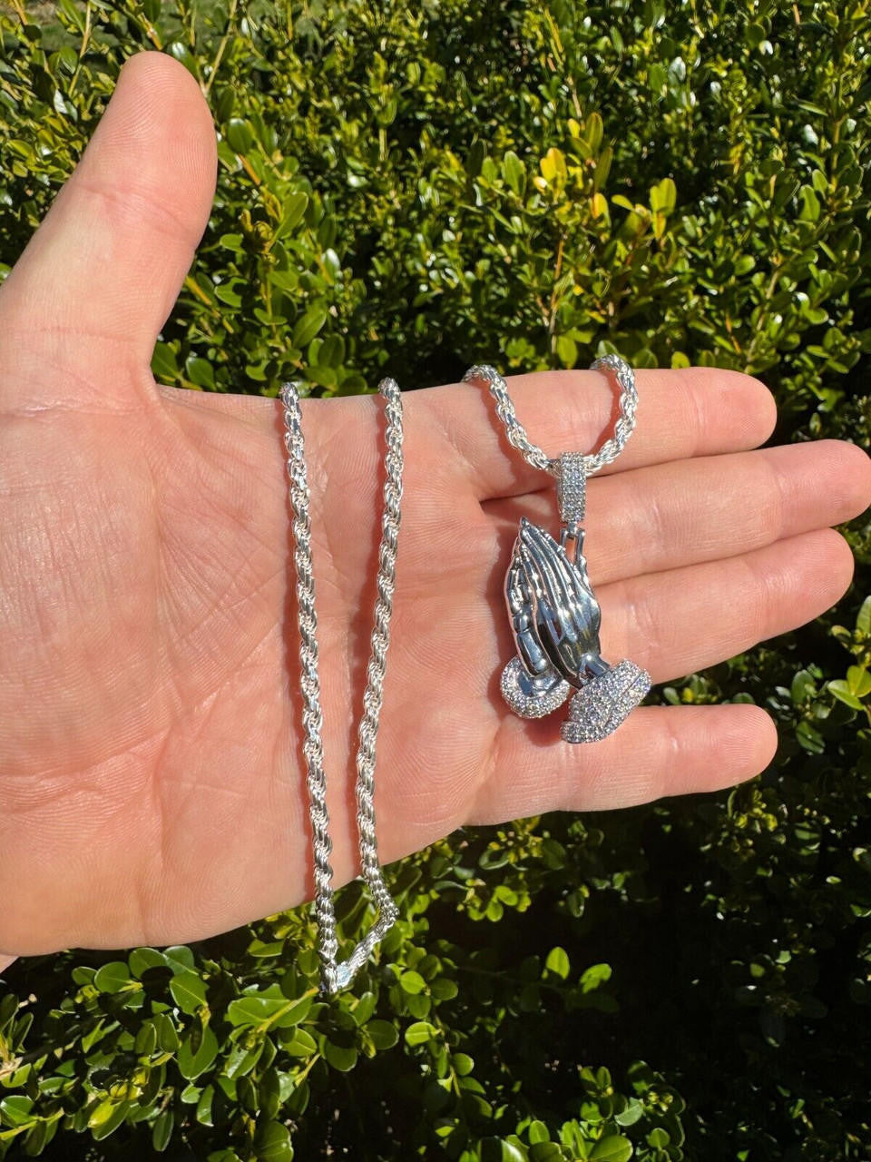 MOISSANITE Praying Folded Hands Religious Pendant - 925 Silver - 3 Sizes 1.25"-2.75"