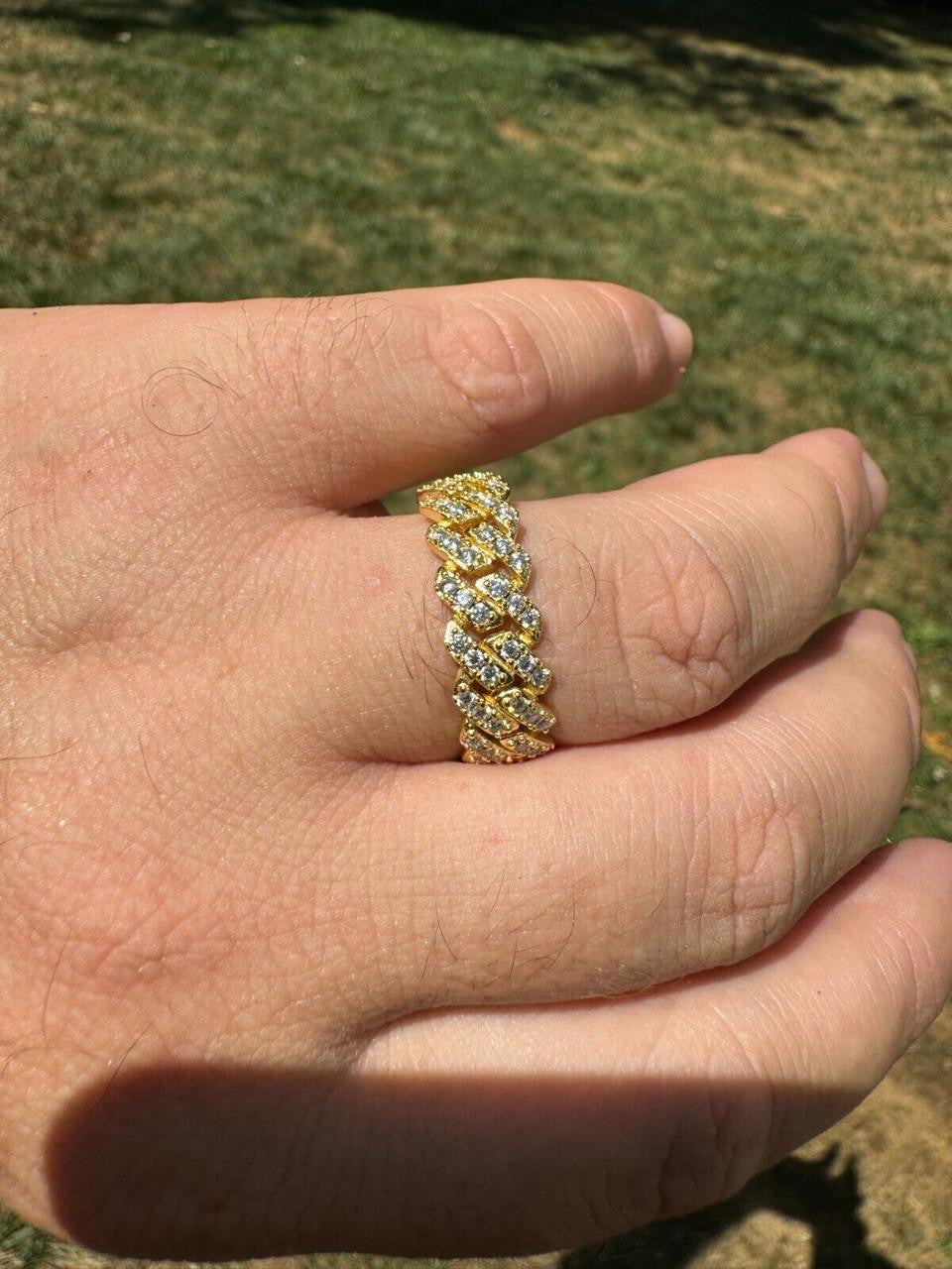 MOISSANITE 8mm Iced Out Prong Cuban Eternity Band Ring - 14k Gold Vermeil 925 Silver