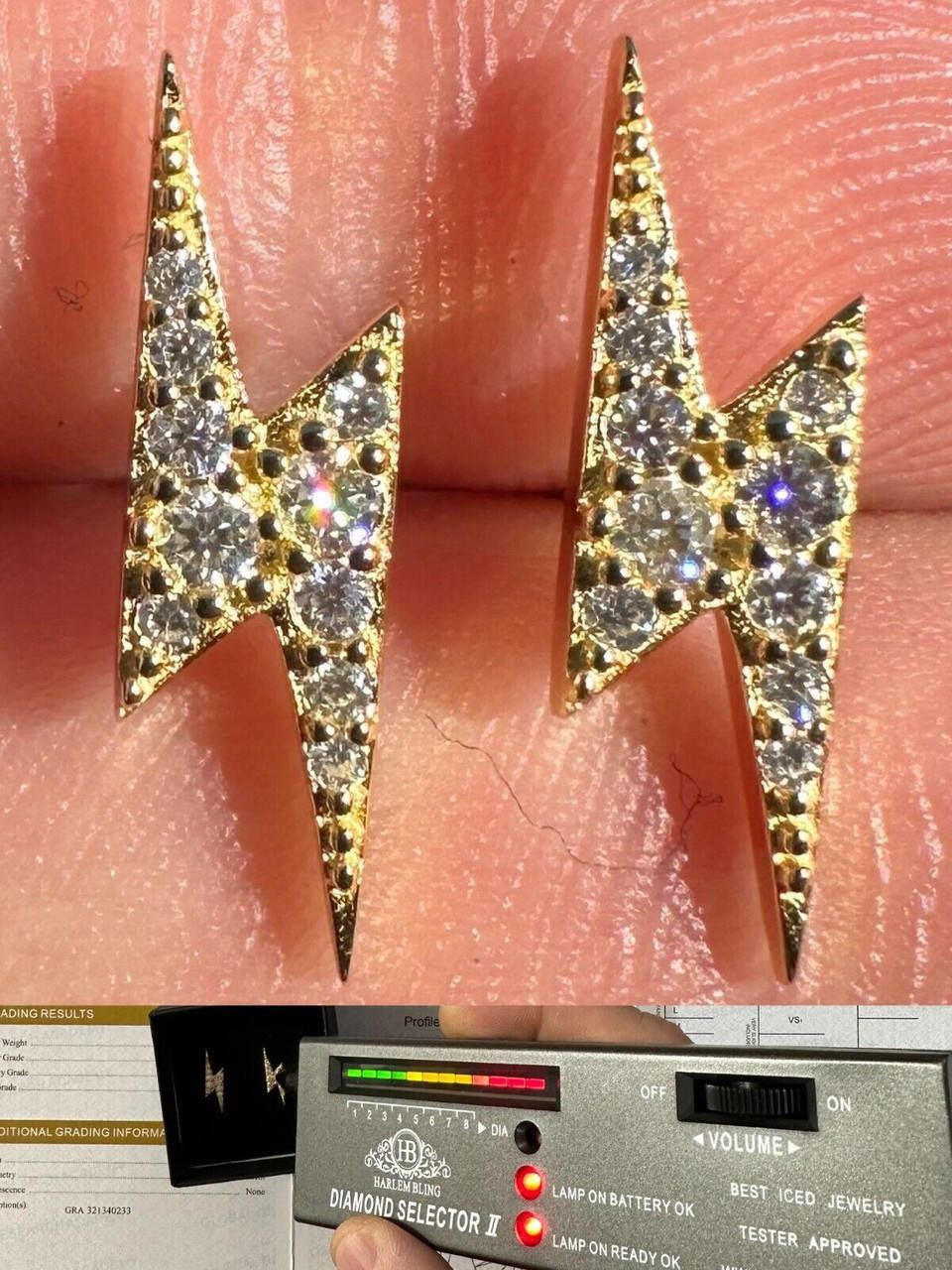 MOISSANITE Lightning Bolt Iced Out Earrings - 14k Gold Vermeil 925 Silver - 6x16mm