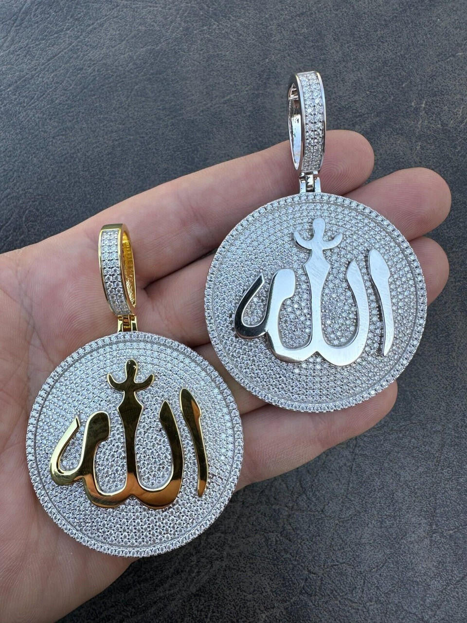 MOISSANITE Allah Medallion Arabic Iced Out Pendant - 14k Gold Vermeil Or 925 Silver - Large 2.75"