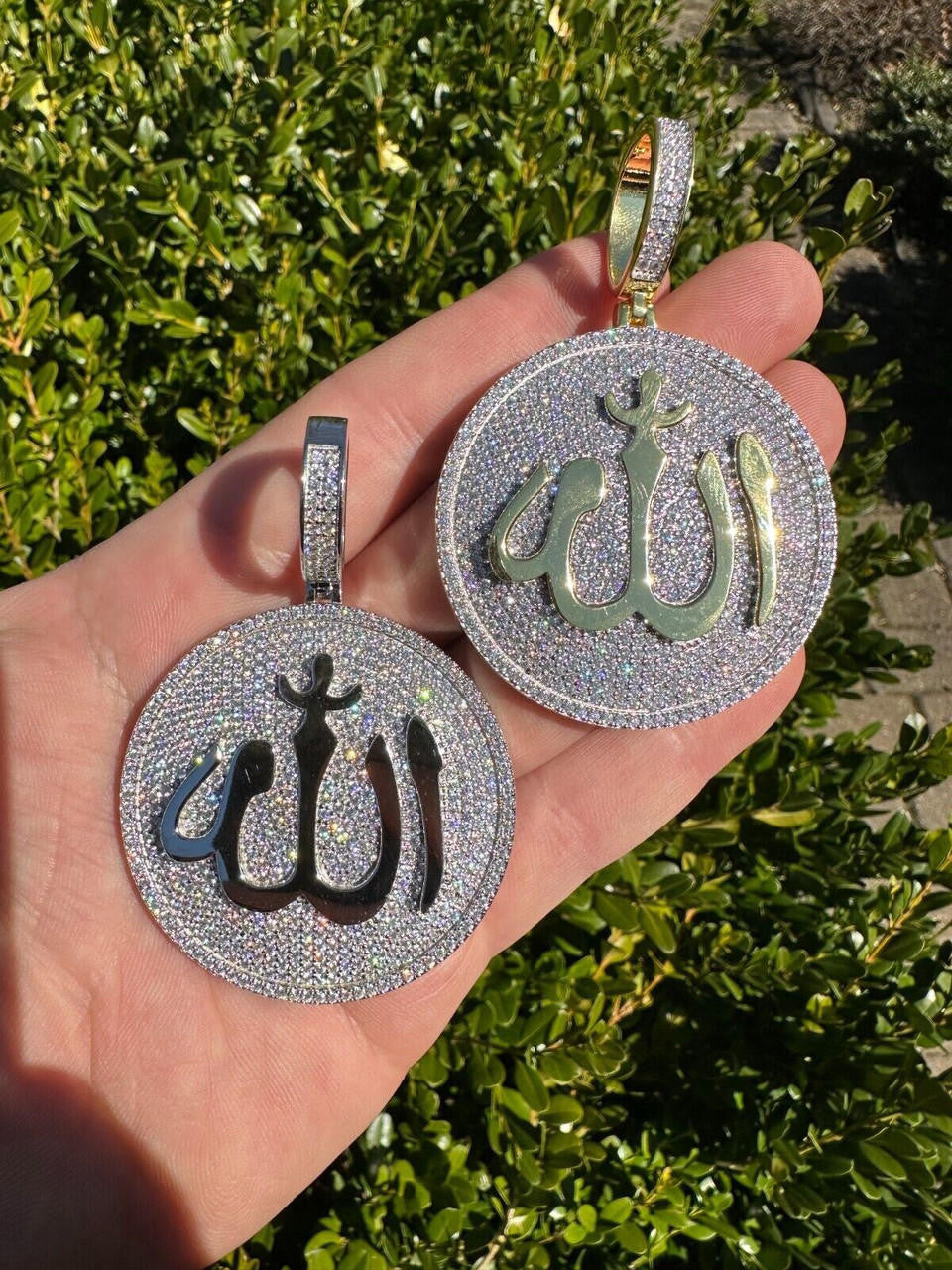 MOISSANITE Allah Medallion Arabic Iced Out Pendant - 14k Gold Vermeil Or 925 Silver - Large 2.75"