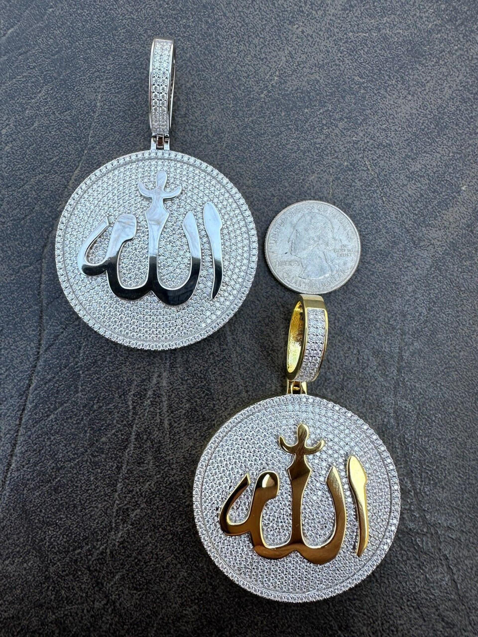 MOISSANITE Allah Medallion Arabic Iced Out Pendant - 14k Gold Vermeil Or 925 Silver - Large 2.75"