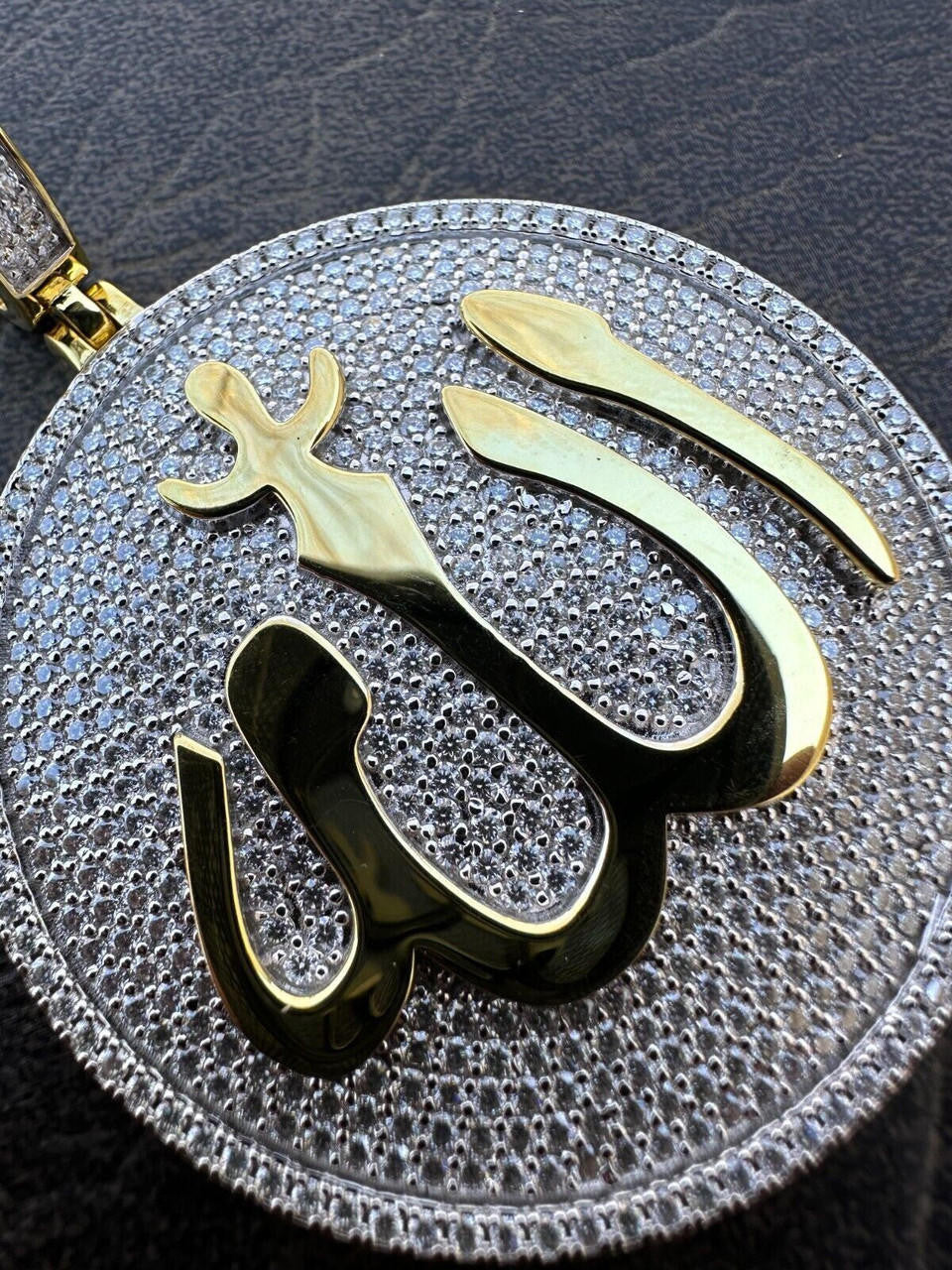 MOISSANITE Allah Medallion Arabic Iced Out Pendant - 14k Gold Vermeil Or 925 Silver - Large 2.75"