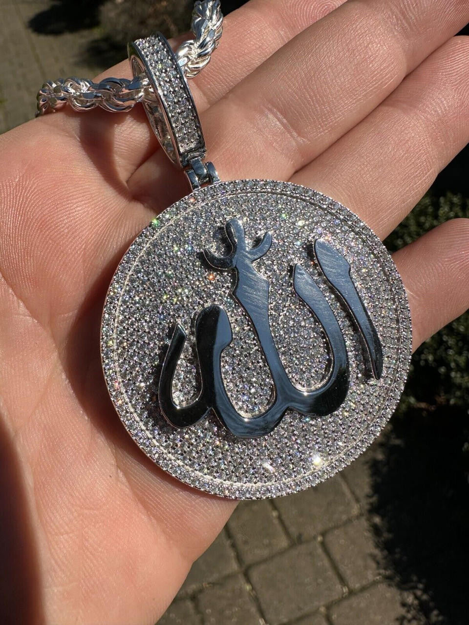 MOISSANITE Allah Medallion Arabic Iced Out Pendant - 14k Gold Vermeil Or 925 Silver - Large 2.75"