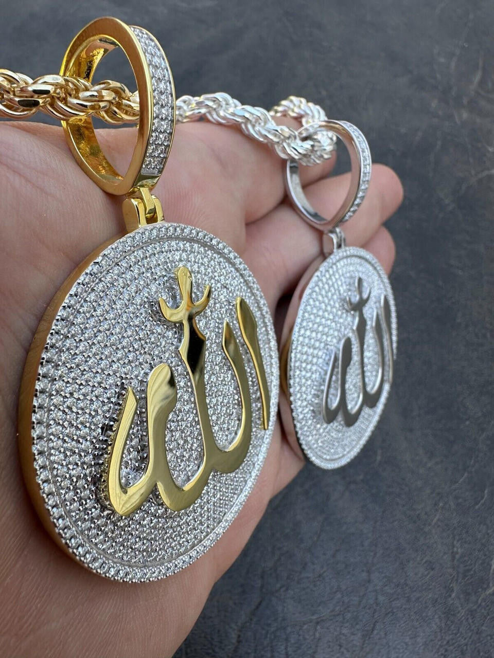 MOISSANITE Allah Medallion Arabic Iced Out Pendant - 14k Gold Vermeil Or 925 Silver - Large 2.75"