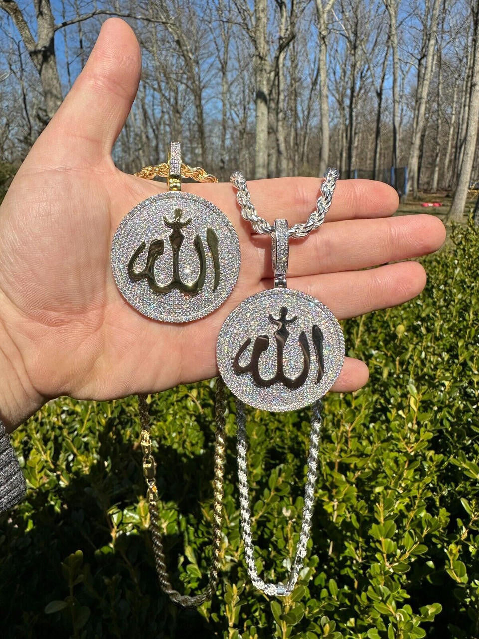 MOISSANITE Allah Medallion Arabic Iced Out Pendant - 14k Gold Vermeil Or 925 Silver - Large 2.75"
