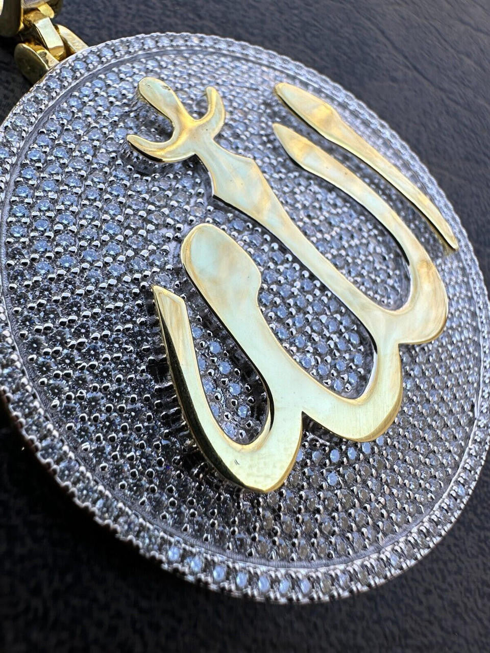 MOISSANITE Allah Medallion Arabic Iced Out Pendant - 14k Gold Vermeil Or 925 Silver - Large 2.75"