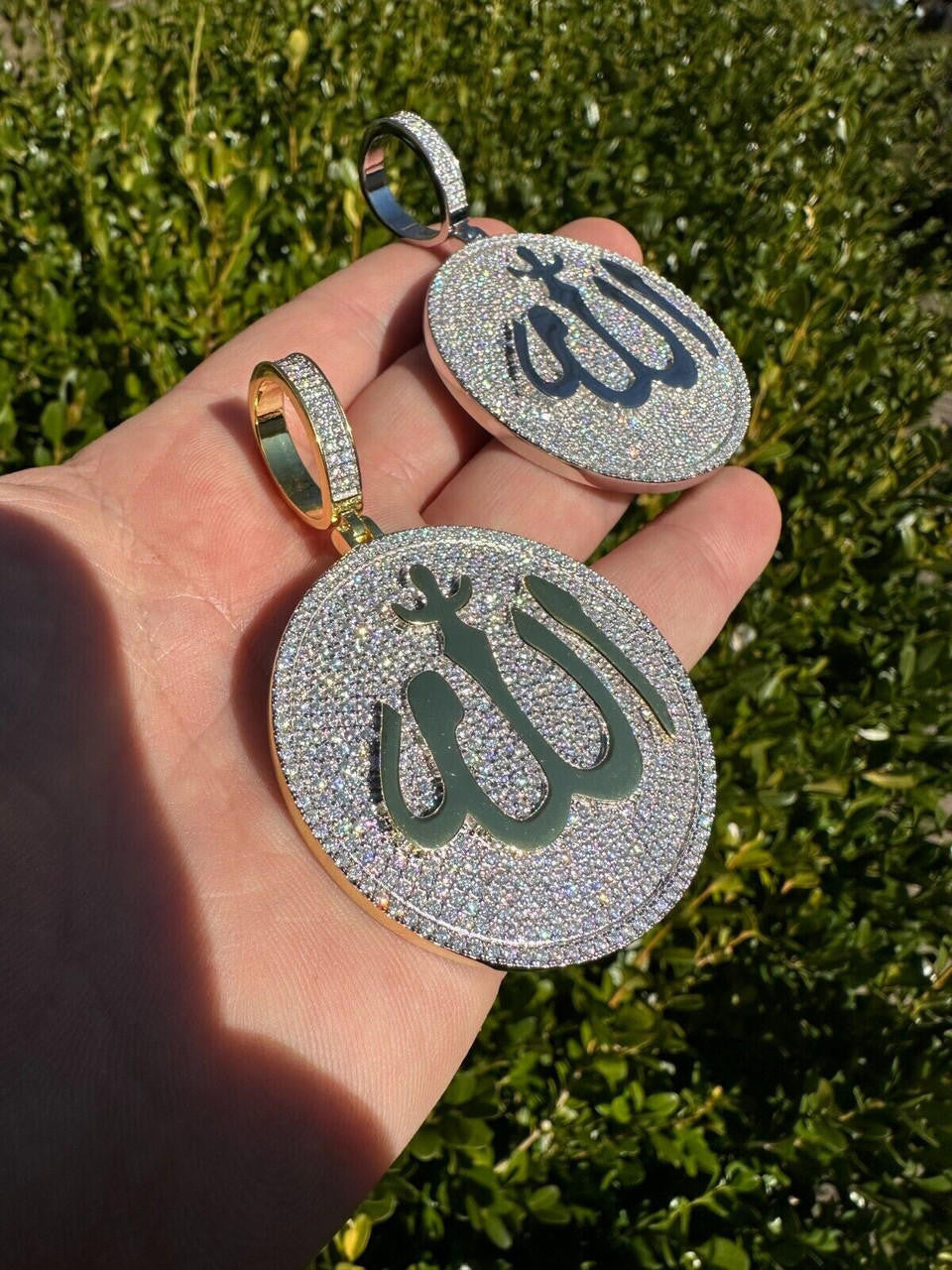 MOISSANITE Allah Medallion Arabic Iced Out Pendant - 14k Gold Vermeil Or 925 Silver - Large 2.75"