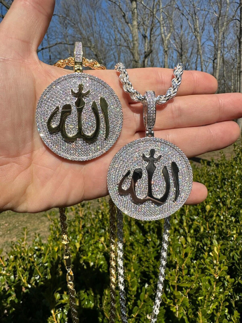MOISSANITE Allah Medallion Arabic Iced Out Pendant - 14k Gold Vermeil Or 925 Silver - Large 2.75"