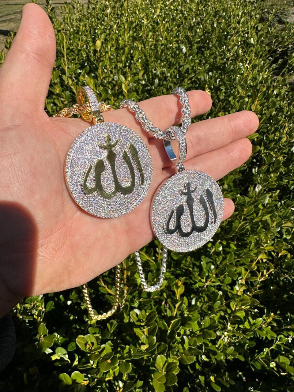 MOISSANITE Allah Medallion Arabic Iced Out Pendant - 14k Gold Vermeil Or 925 Silver - Large 2.75"