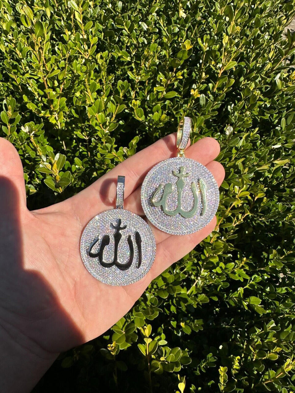 MOISSANITE Allah Medallion Arabic Iced Out Pendant - 14k Gold Vermeil Or 925 Silver - Large 2.75"
