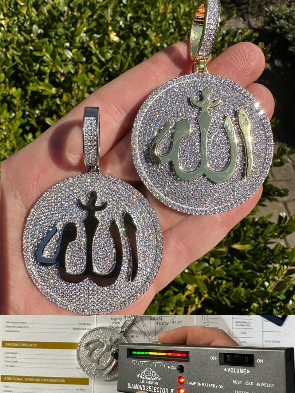 MOISSANITE Allah Medallion Arabic Iced Out Pendant - 14k Gold Vermeil Or 925 Silver - Large 2.75"
