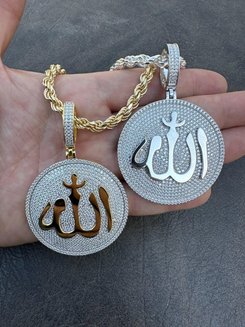 MOISSANITE Allah Medallion Arabic Iced Out Pendant - 14k Gold Vermeil Or 925 Silver - Large 2.75"