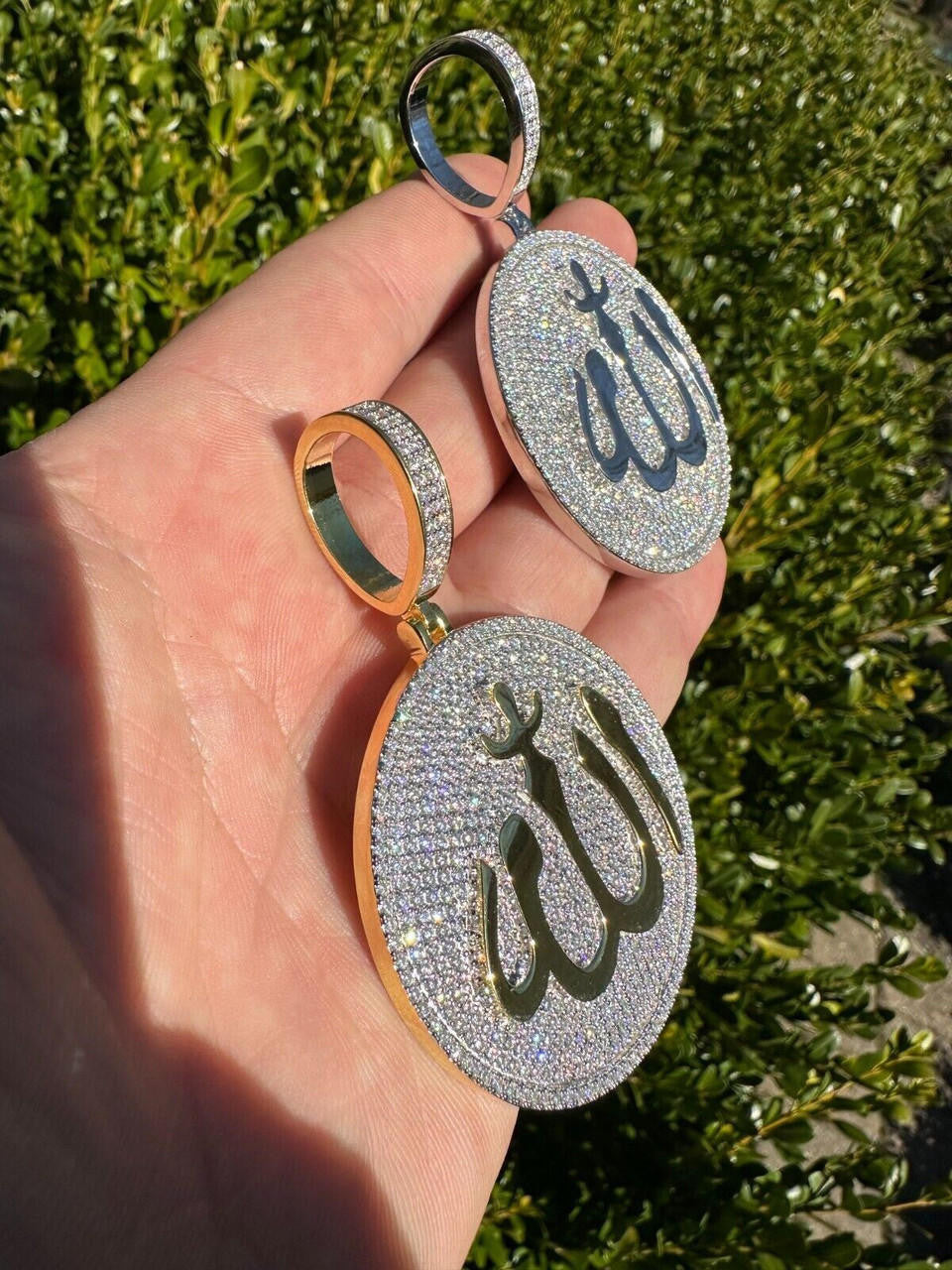 MOISSANITE Allah Medallion Arabic Iced Out Pendant - 14k Gold Vermeil Or 925 Silver - Large 2.75"