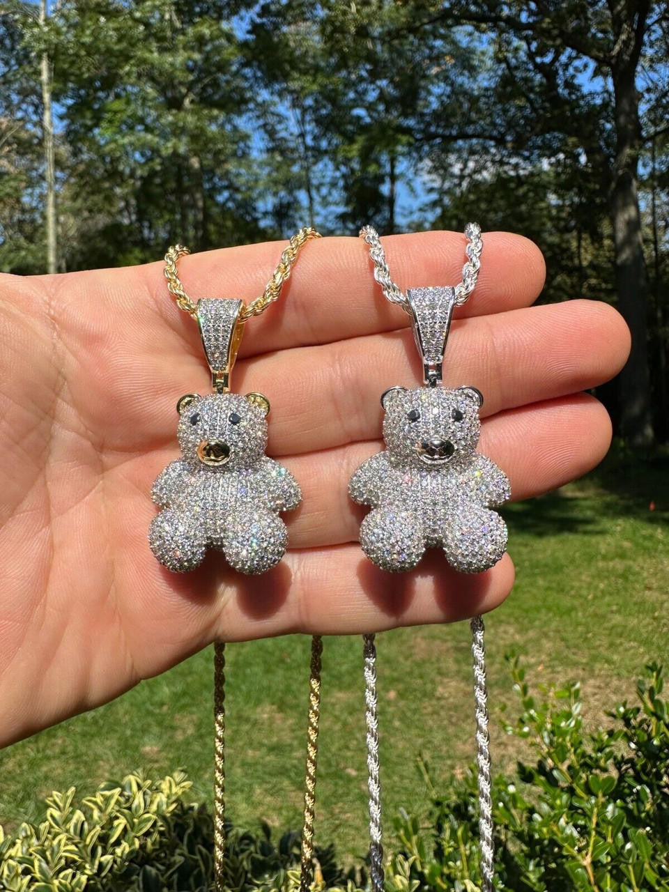 MOISSANITE 3D Teddy Bear Iced Out Pendant - 14k Gold Vermeil Or 925 Silver - Medium 2"