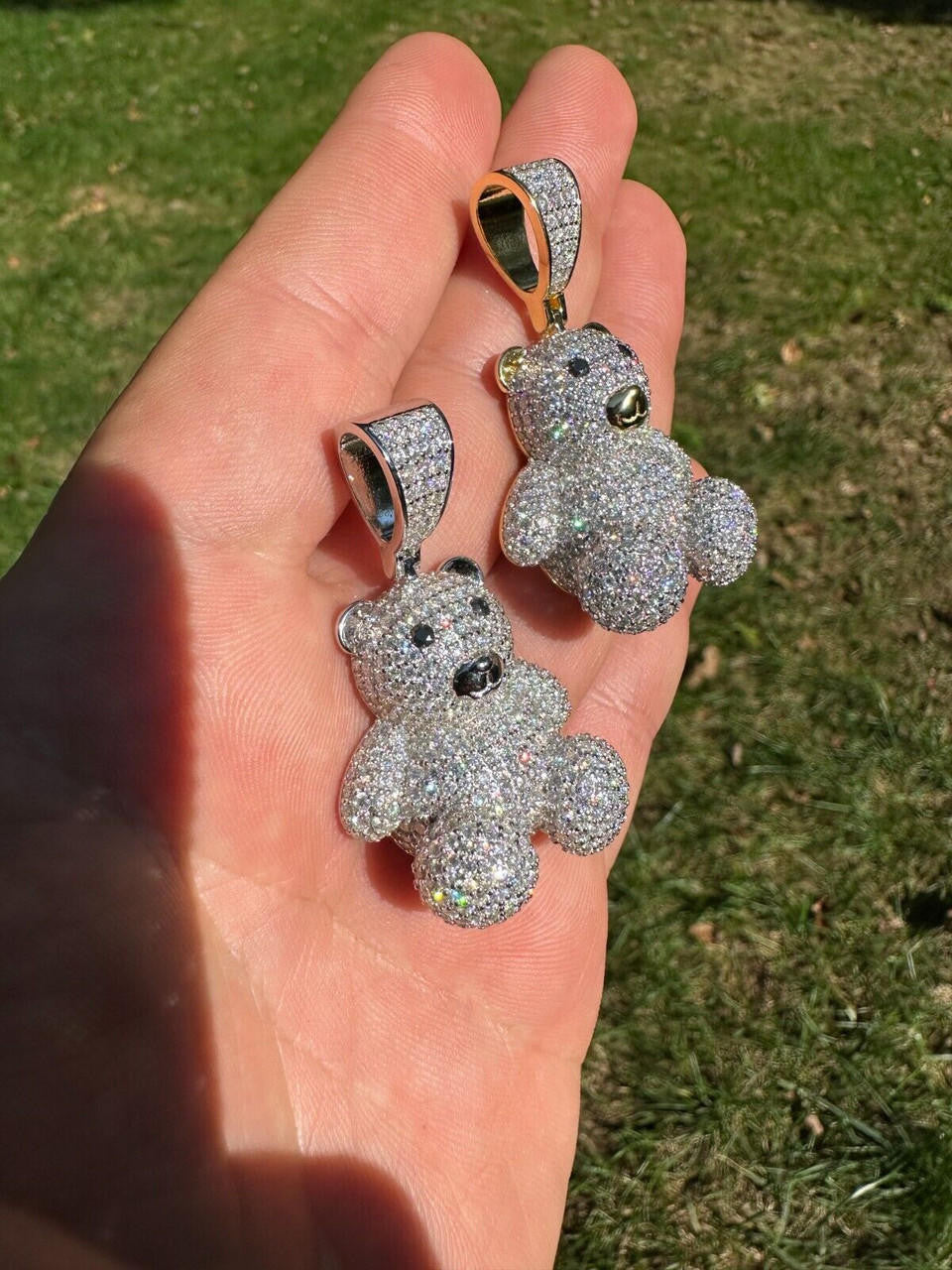 MOISSANITE 3D Teddy Bear Iced Out Pendant - 14k Gold Vermeil Or 925 Silver - Medium 2"