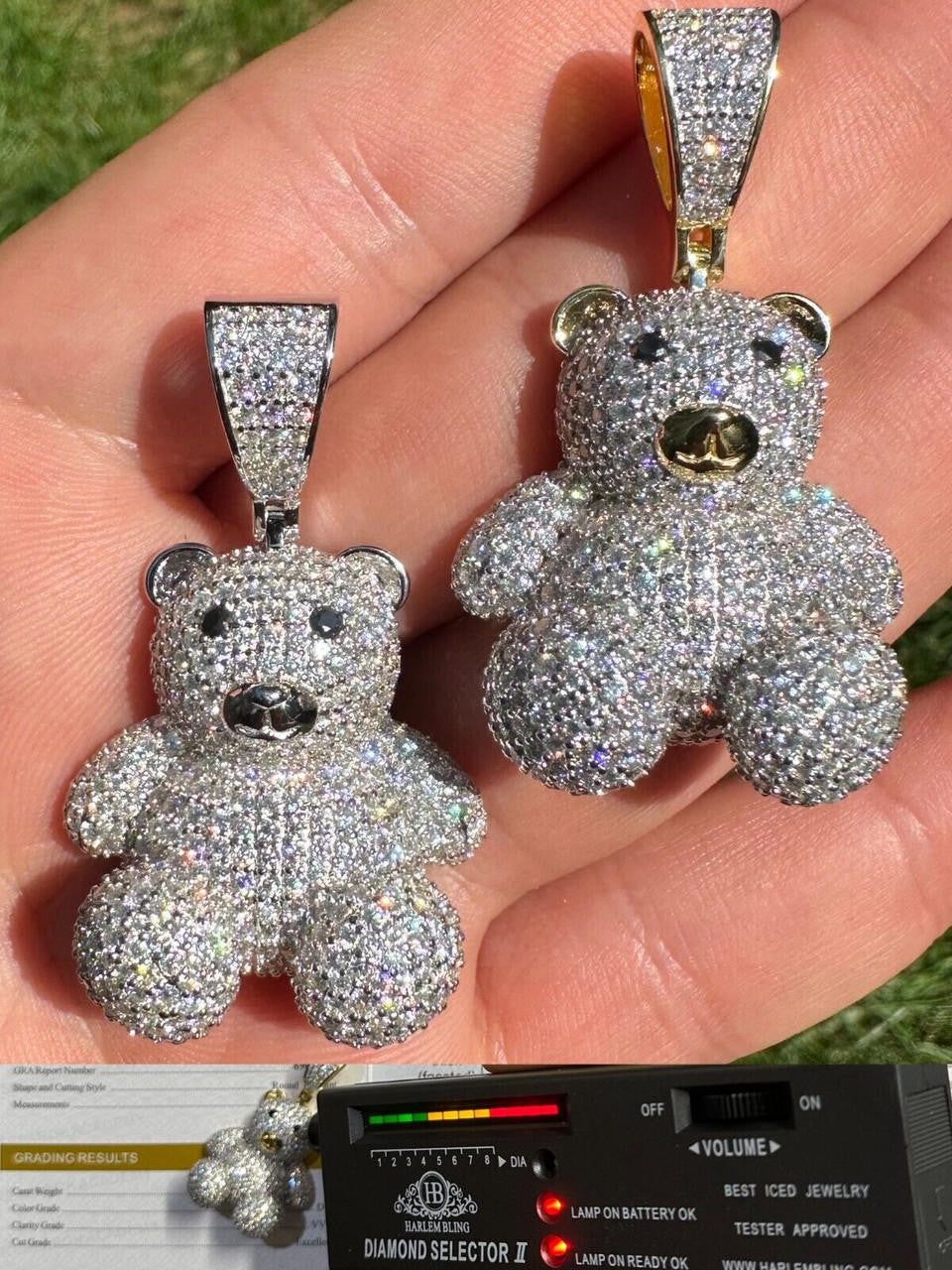 MOISSANITE 3D Teddy Bear Iced Out Pendant - 14k Gold Vermeil Or 925 Silver - Medium 2"