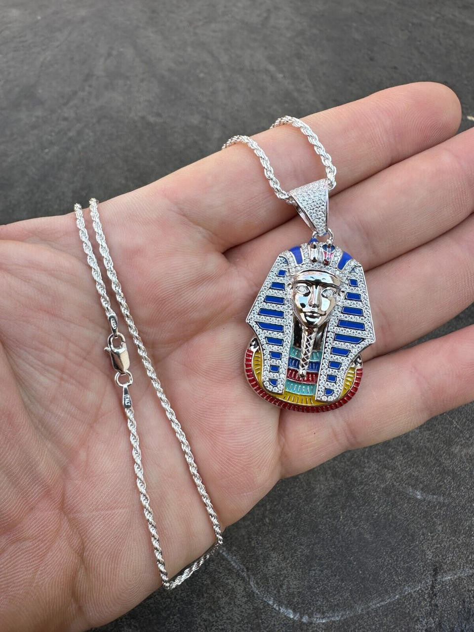 MOISSANITE Kig Tut Egyptian Pharoah W. Enamel Pendant - 14k Gold Vermeil Or 925 Silver - Medium 2"