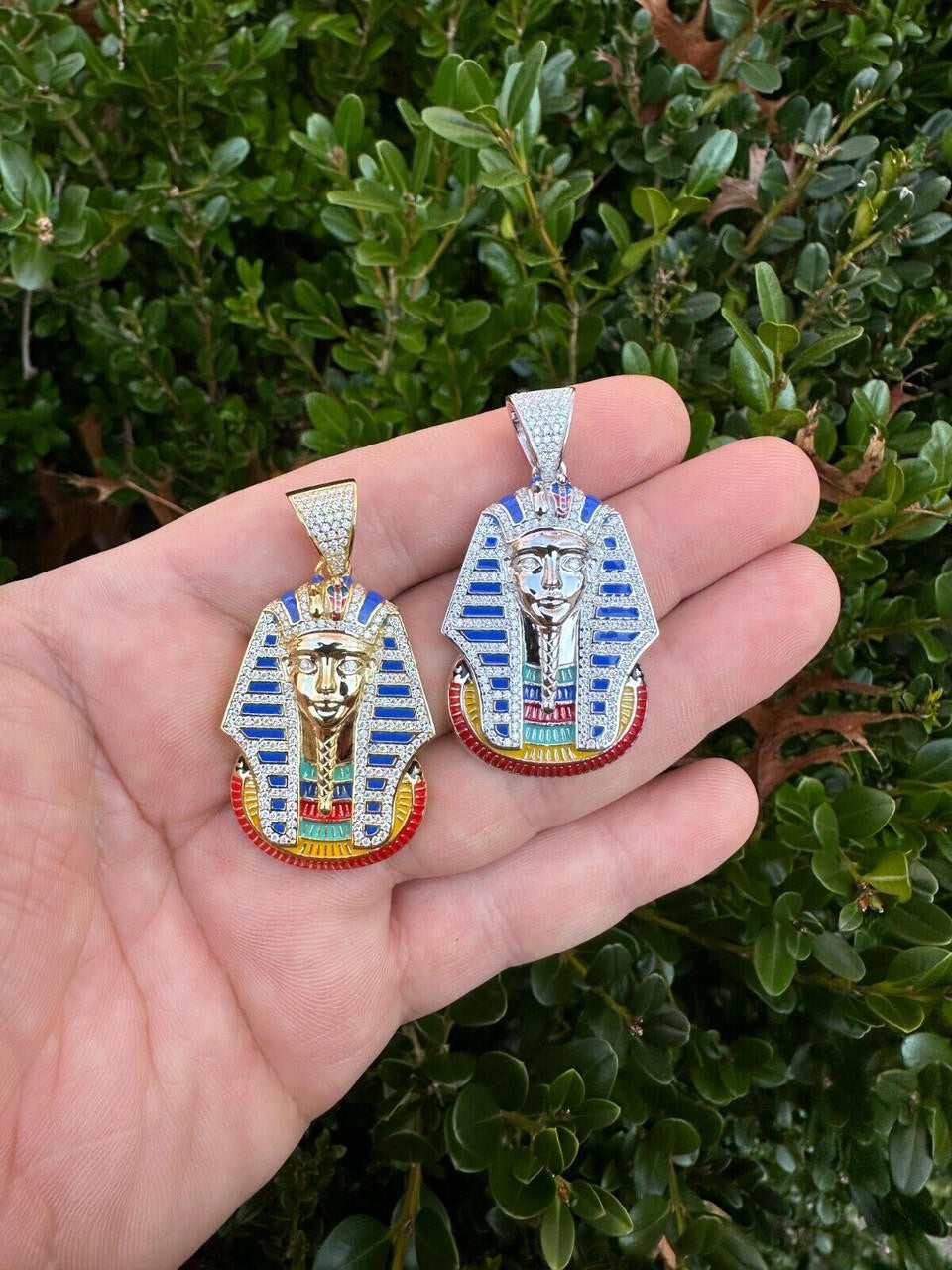 MOISSANITE Kig Tut Egyptian Pharoah W. Enamel Pendant - 14k Gold Vermeil Or 925 Silver - Medium 2"