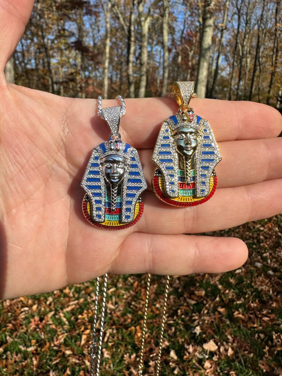MOISSANITE Kig Tut Egyptian Pharoah W. Enamel Pendant - 14k Gold Vermeil Or 925 Silver - Medium 2"