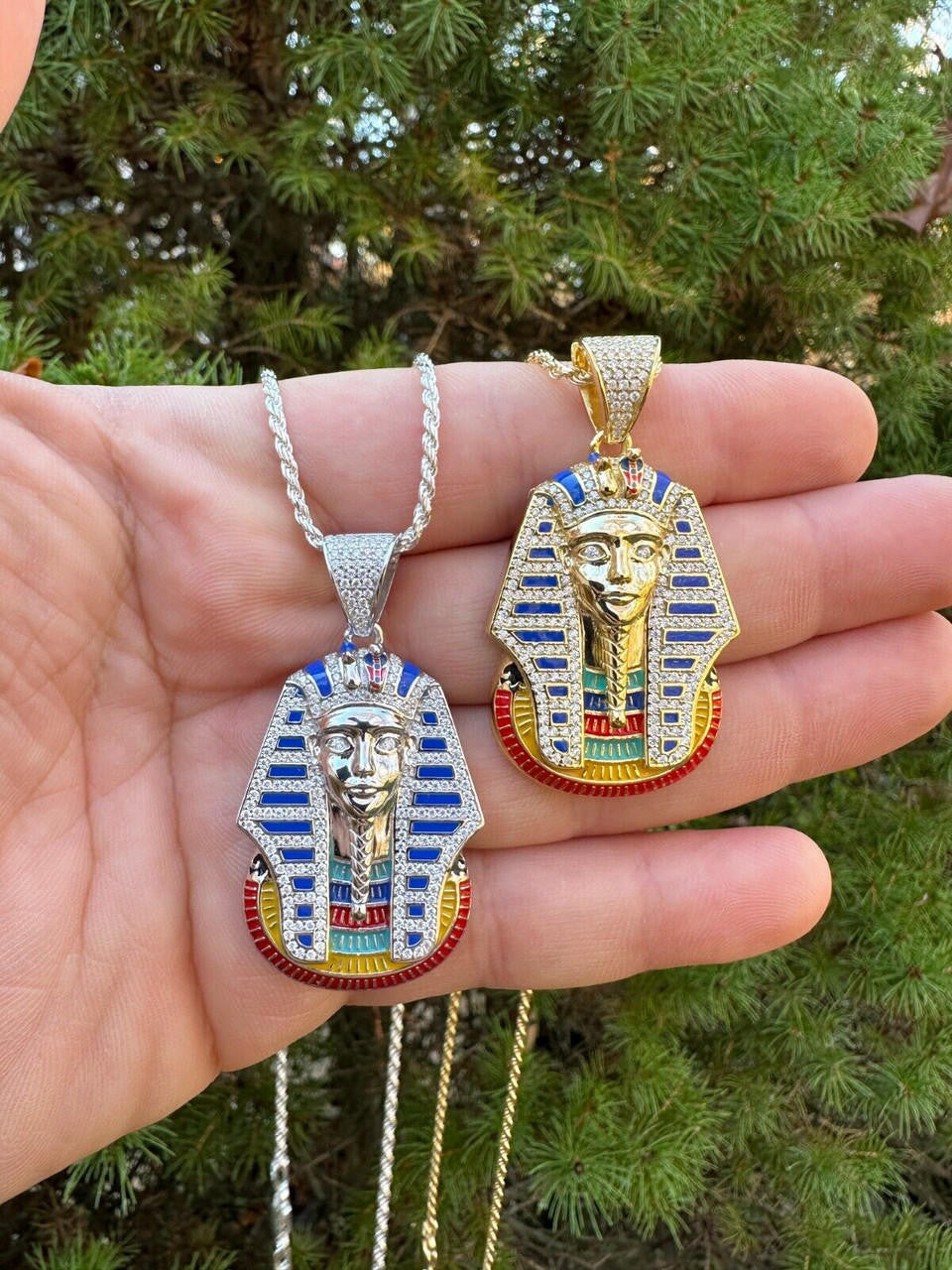 MOISSANITE Kig Tut Egyptian Pharoah W. Enamel Pendant - 14k Gold Vermeil Or 925 Silver - Medium 2"