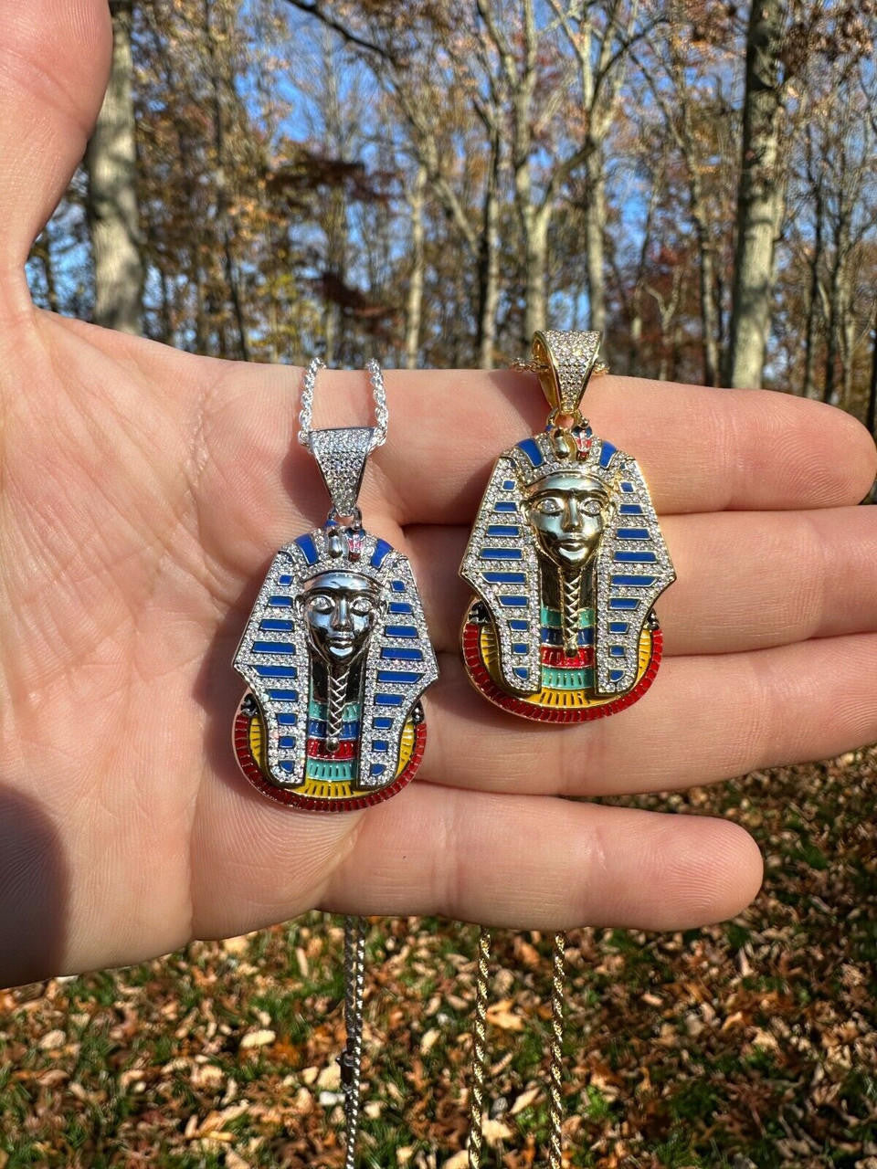 MOISSANITE Kig Tut Egyptian Pharoah W. Enamel Pendant - 14k Gold Vermeil Or 925 Silver - Medium 2"