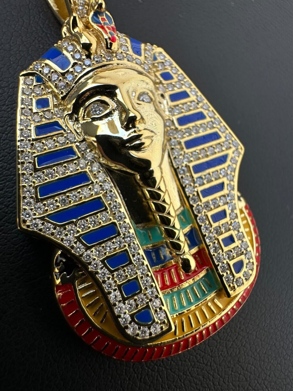 MOISSANITE Kig Tut Egyptian Pharoah W. Enamel Pendant - 14k Gold Vermeil Or 925 Silver - Medium 2"