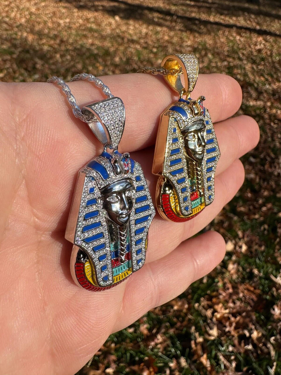MOISSANITE Kig Tut Egyptian Pharoah W. Enamel Pendant - 14k Gold Vermeil Or 925 Silver - Medium 2"