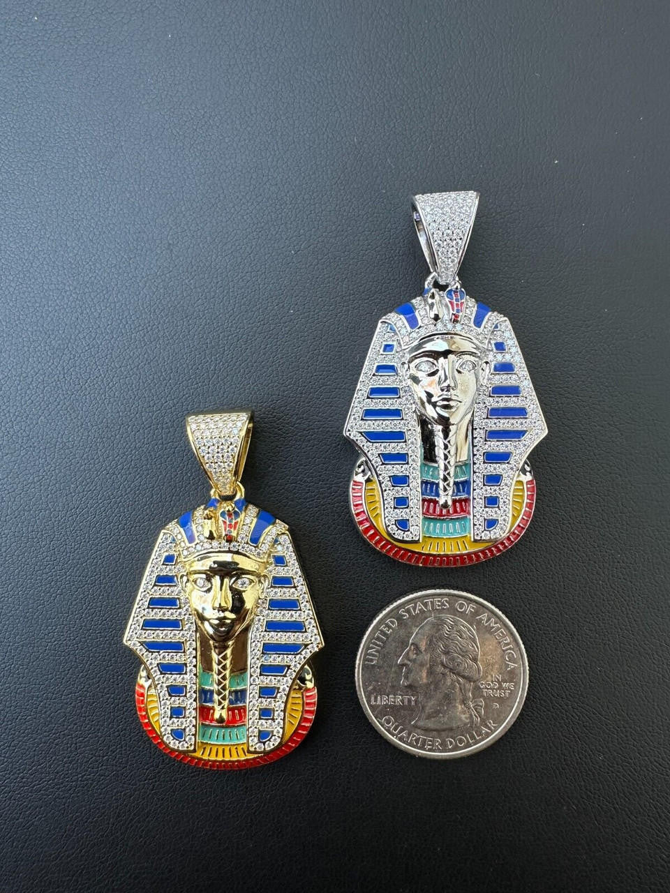MOISSANITE Kig Tut Egyptian Pharoah W. Enamel Pendant - 14k Gold Vermeil Or 925 Silver - Medium 2"