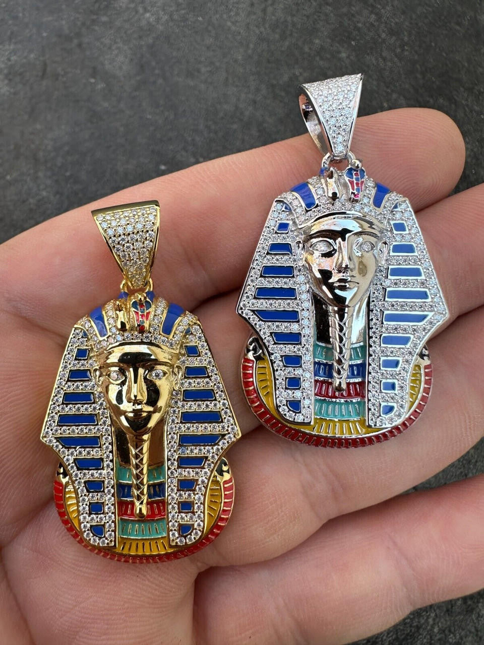 MOISSANITE Kig Tut Egyptian Pharoah W. Enamel Pendant - 14k Gold Vermeil Or 925 Silver - Medium 2"